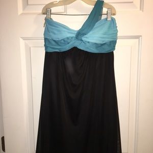 One shoulder teal and black dress
